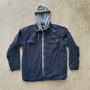 Wrangler Jacket Mens Large Full Zip *Holes* Work Hooded Canvas Insulated Blue